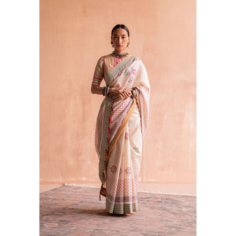 SWATTI KAPOOR Svet Beige Floral Printed Saree with Stitched Blouse