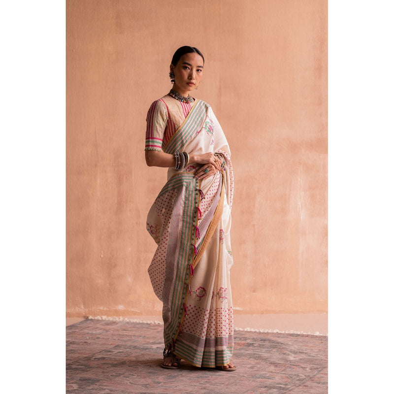 SWATTI KAPOOR Svet Beige Floral Printed Saree with Stitched Blouse