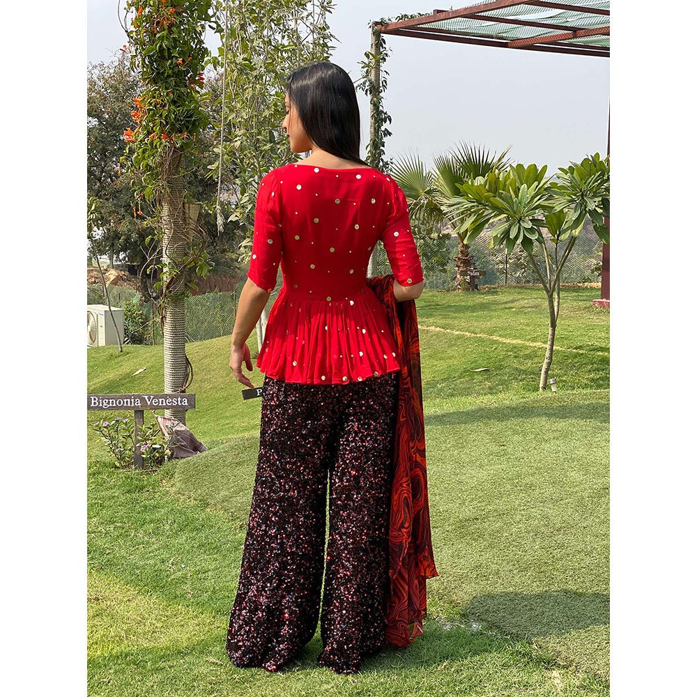 Swatee Singh Red Color Block Sequins Sharara (Set of 3)