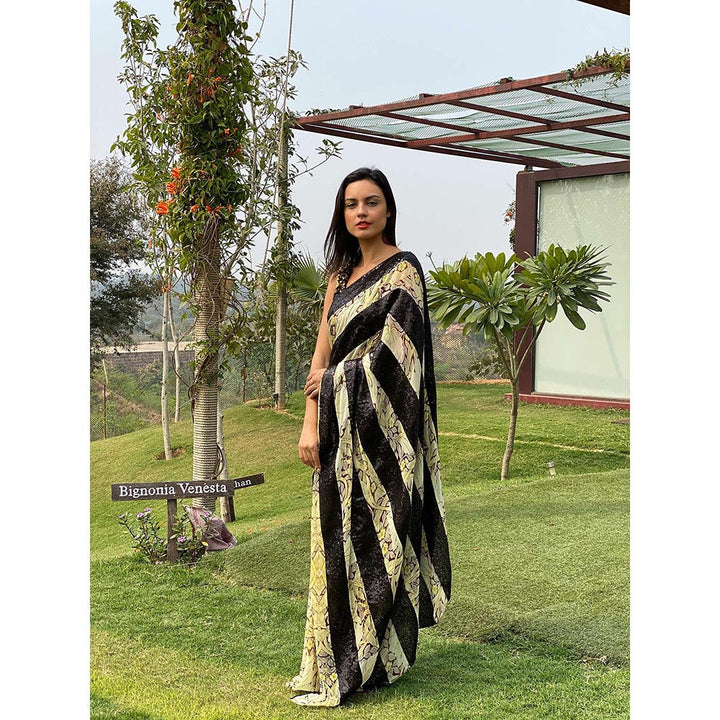 Swatee Singh Black Printed & Solid Half & Half Saree With Stitched Blouse