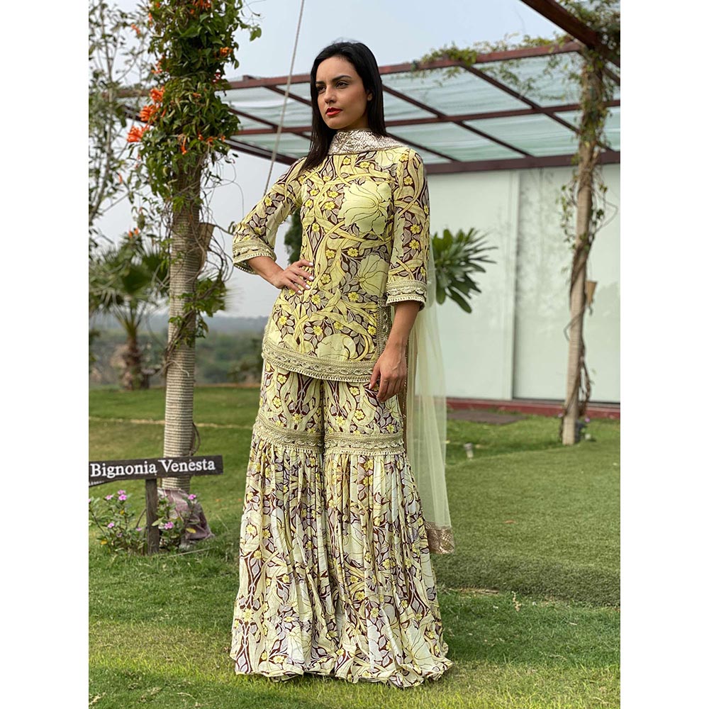 Swatee Singh Yellow Printed Sharara (Set of 3)