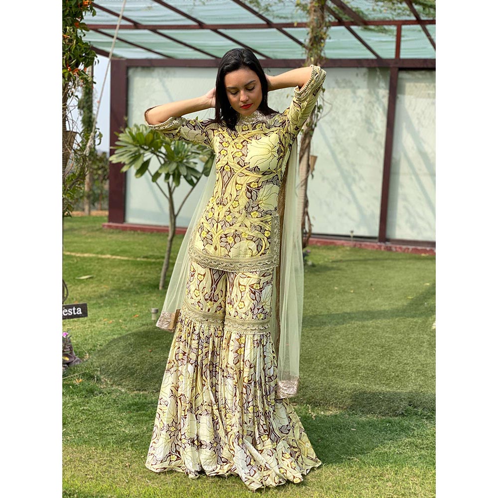 Swatee Singh Yellow Printed Sharara (Set of 3)