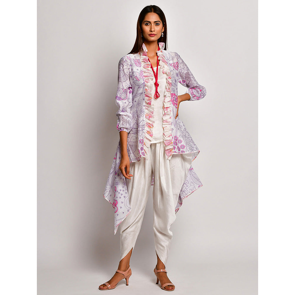 Swati Vijaivargie In Bloom White Printed Frill Jacket With Camisole And Dhoti Pants (Set of 3)