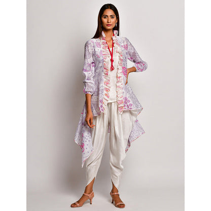Swati Vijaivargie In Bloom White Printed Frill Jacket With Camisole And Dhoti Pants (Set of 3)