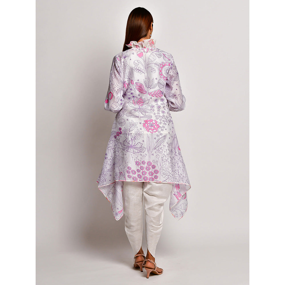 Swati Vijaivargie In Bloom White Printed Frill Jacket With Camisole And Dhoti Pants (Set of 3)