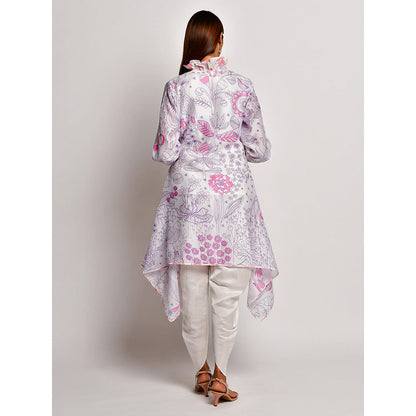 Swati Vijaivargie In Bloom White Printed Frill Jacket With Camisole And Dhoti Pants (Set of 3)