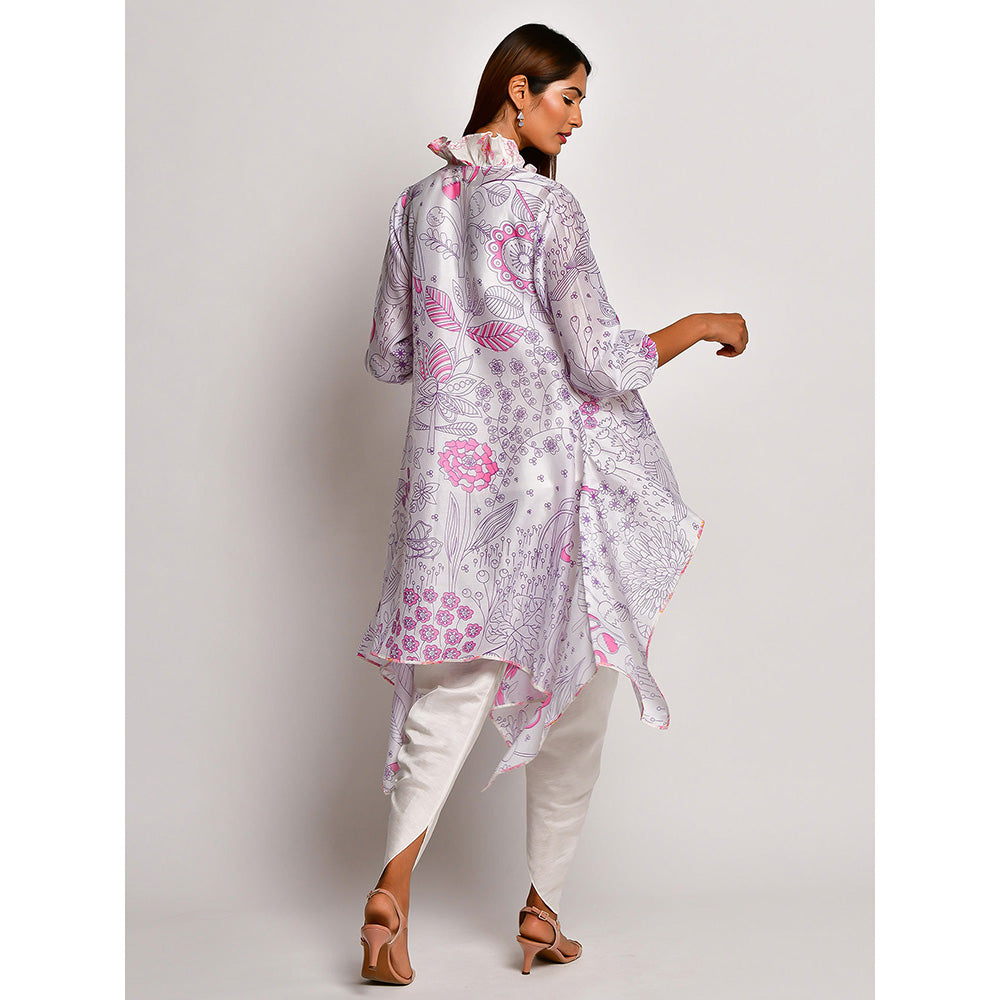 Swati Vijaivargie In Bloom White Printed Frill Jacket With Camisole And Dhoti Pants (Set of 3)