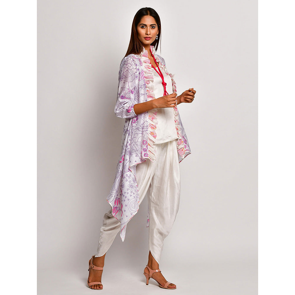 Swati Vijaivargie In Bloom White Printed Frill Jacket With Camisole And Dhoti Pants (Set of 3)
