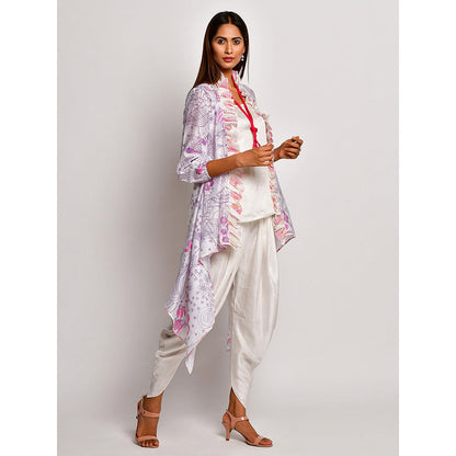 Swati Vijaivargie In Bloom White Printed Frill Jacket With Camisole And Dhoti Pants (Set of 3)