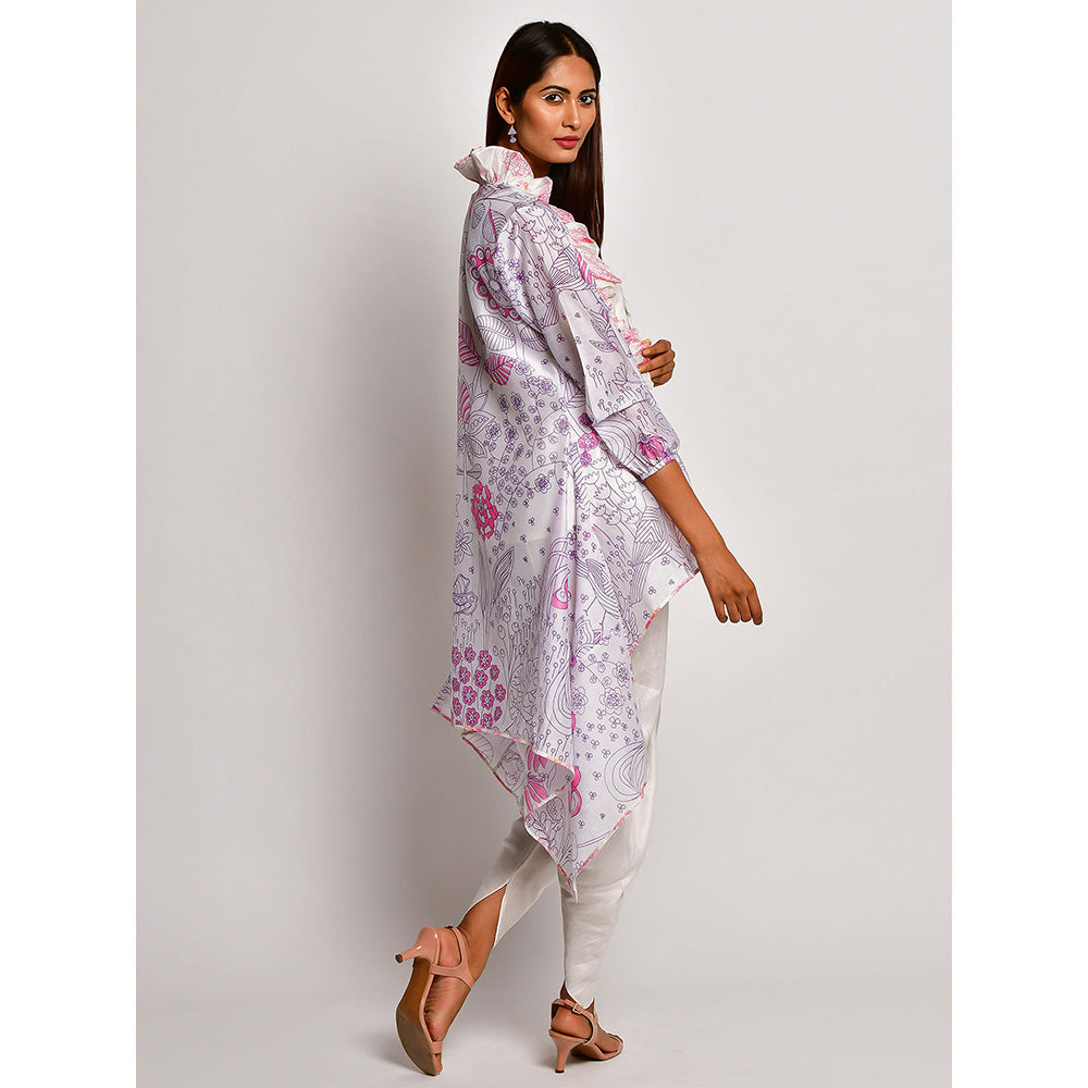 Swati Vijaivargie In Bloom White Printed Frill Jacket With Camisole And Dhoti Pants (Set of 3)