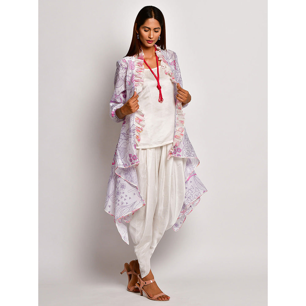 Swati Vijaivargie In Bloom White Printed Frill Jacket With Camisole And Dhoti Pants (Set of 3)
