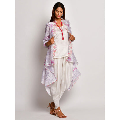 Swati Vijaivargie In Bloom White Printed Frill Jacket With Camisole And Dhoti Pants (Set of 3)