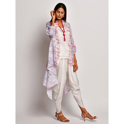 Swati Vijaivargie In Bloom White Printed Frill Jacket With Camisole And Dhoti Pants (Set of 3)