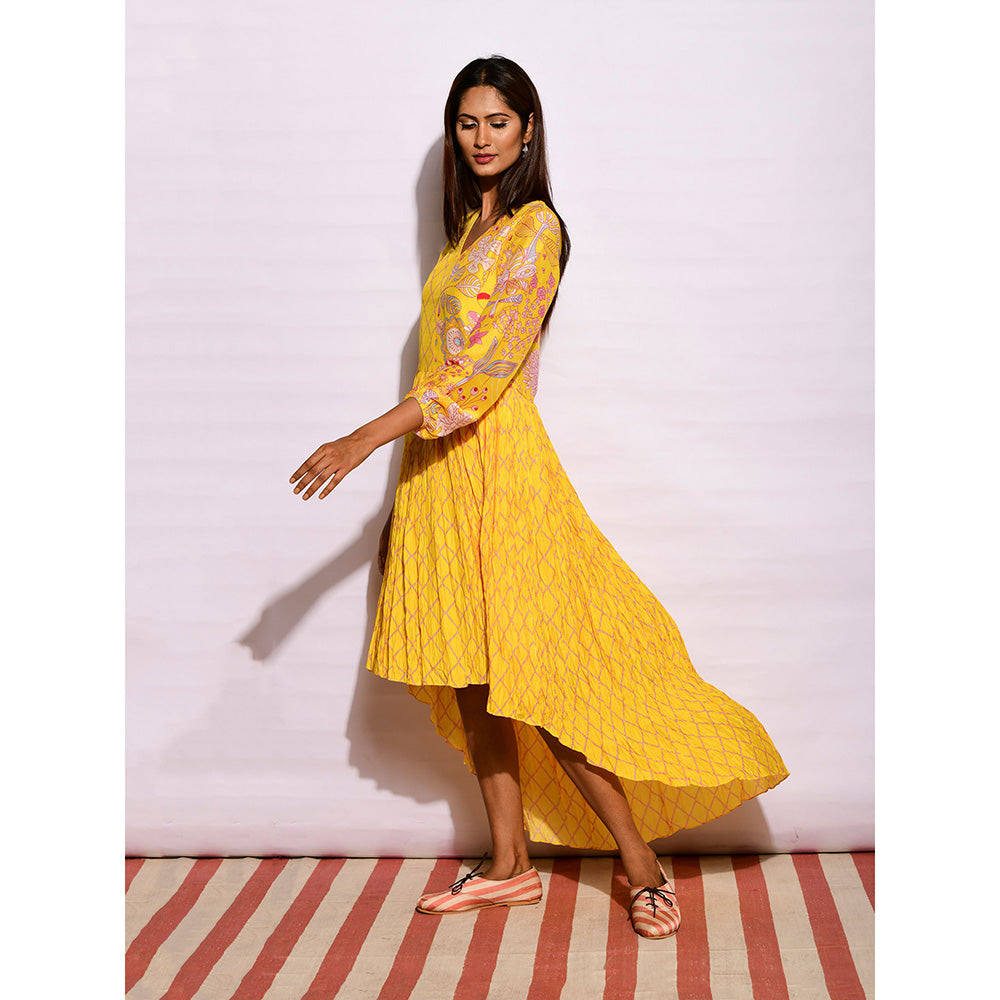 Swati Vijaivargie In Bloom Yellow Diamond Asymmetric Printed Dress