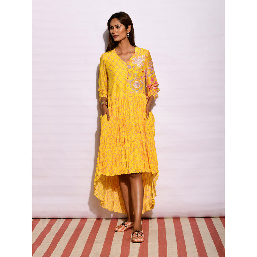 Swati Vijaivargie In Bloom Yellow Diamond Asymmetric Printed Dress