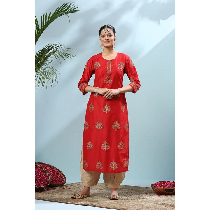 TAHILIYA Red Khari Printed Cotton Silk Kurta