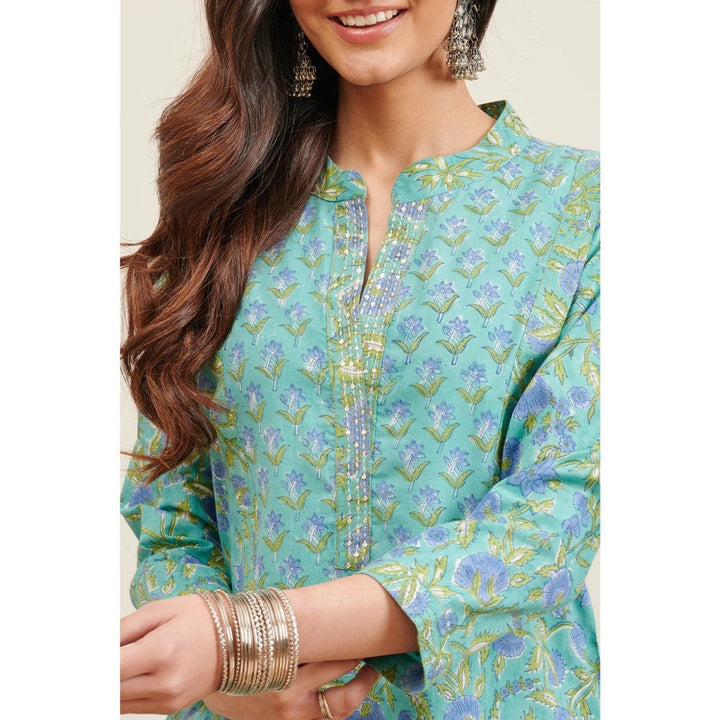 TAHILIYA Teal Blue Hand Block Printed Kurta