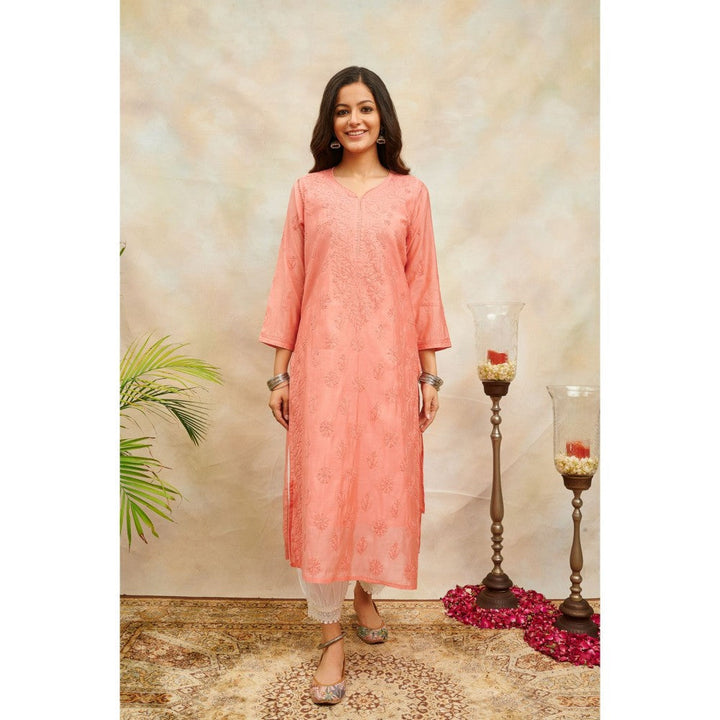 TAHILIYA Peach Chikankari Chanderi Silk Designer Kurta with Slip (Set of 2)