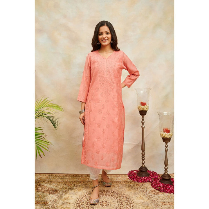 TAHILIYA Peach Chikankari Chanderi Silk Designer Kurta with Slip (Set of 2)