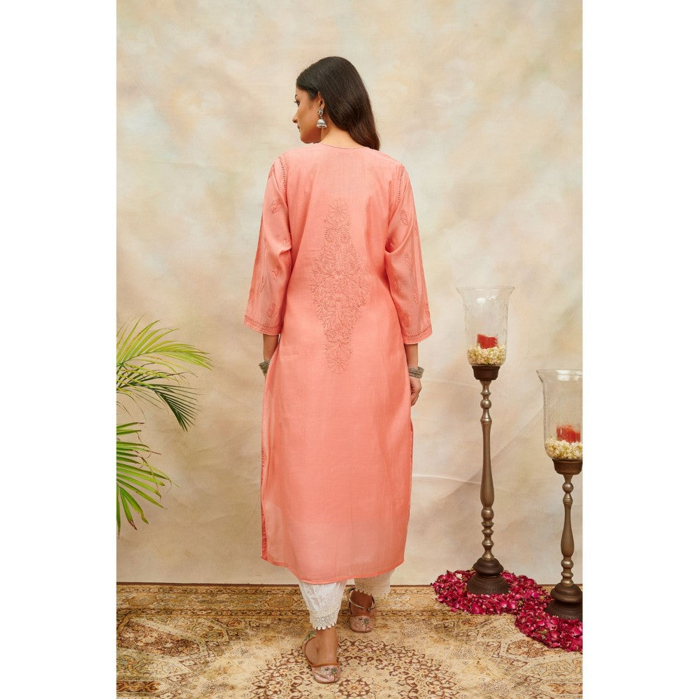 TAHILIYA Peach Chikankari Chanderi Silk Designer Kurta with Slip (Set of 2)