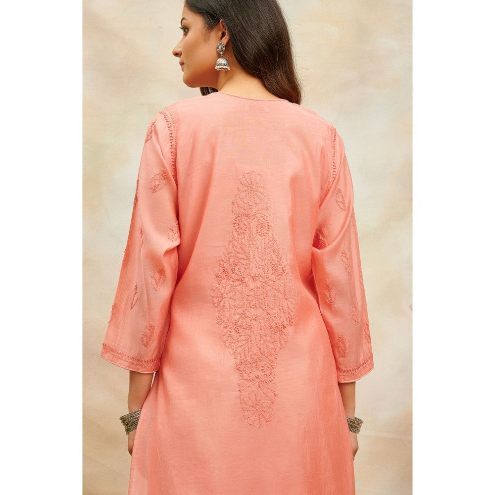 TAHILIYA Peach Chikankari Chanderi Silk Designer Kurta with Slip (Set of 2)