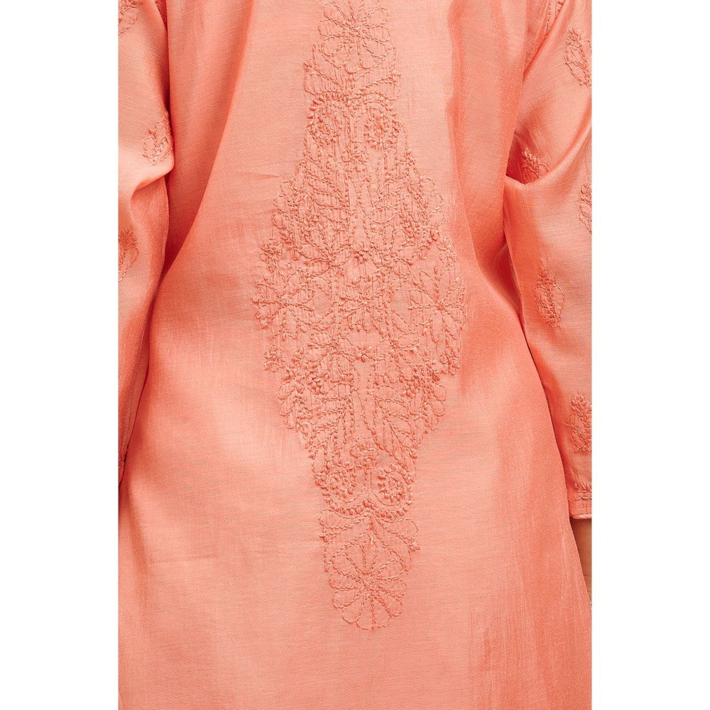 TAHILIYA Peach Chikankari Chanderi Silk Designer Kurta with Slip (Set of 2)