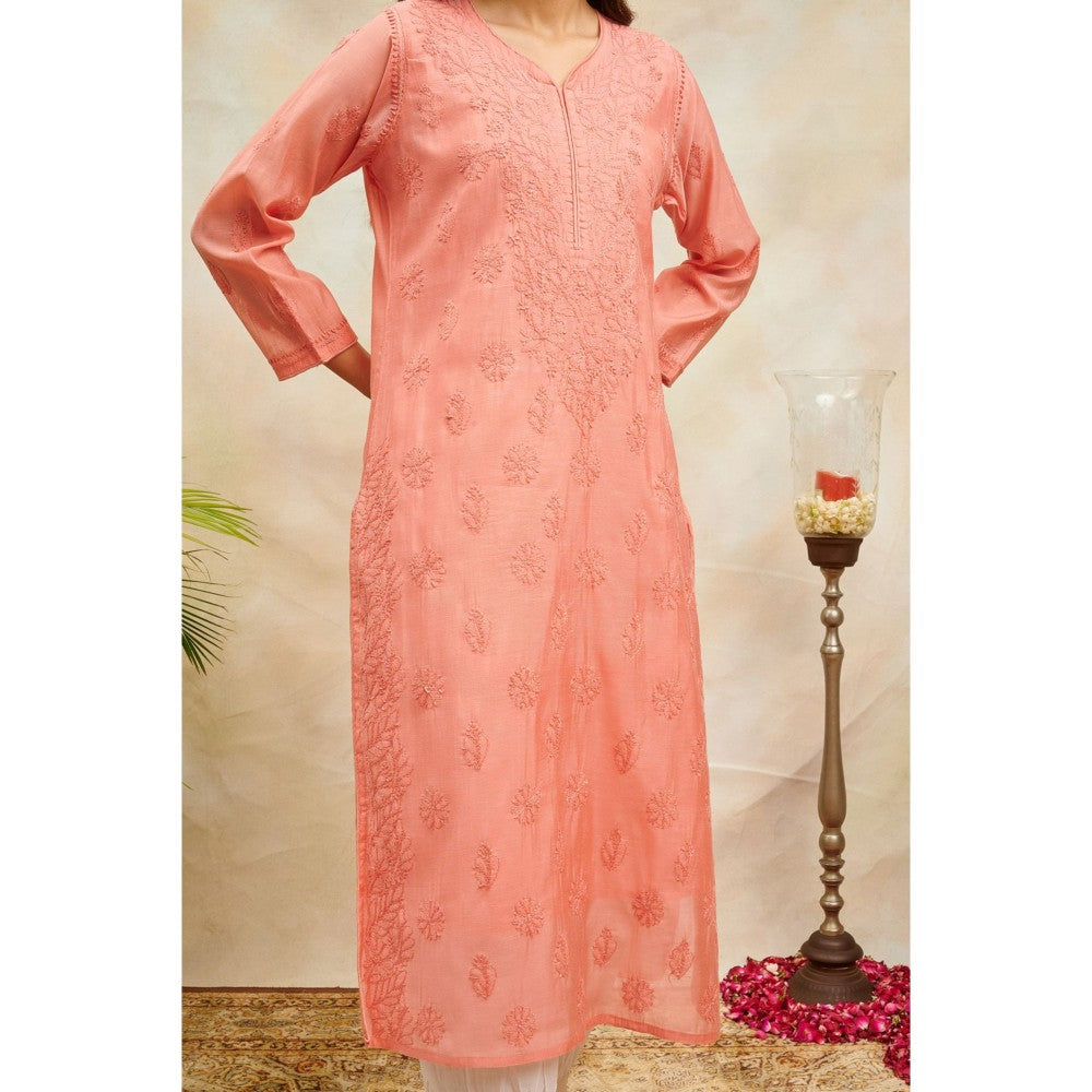 TAHILIYA Peach Chikankari Chanderi Silk Designer Kurta with Slip (Set of 2)