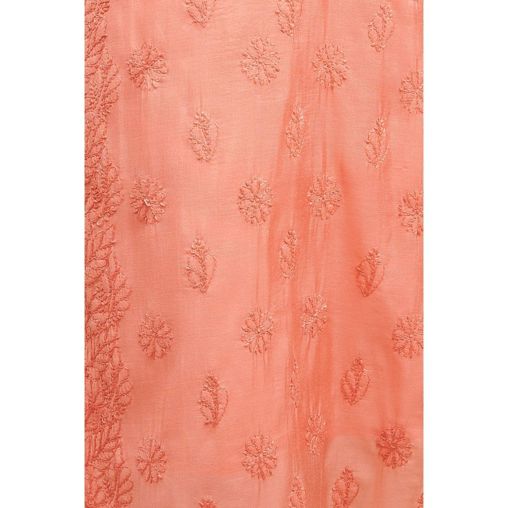 TAHILIYA Peach Chikankari Chanderi Silk Designer Kurta with Slip (Set of 2)