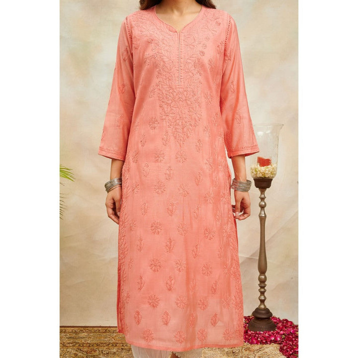 TAHILIYA Peach Chikankari Chanderi Silk Designer Kurta with Slip (Set of 2)