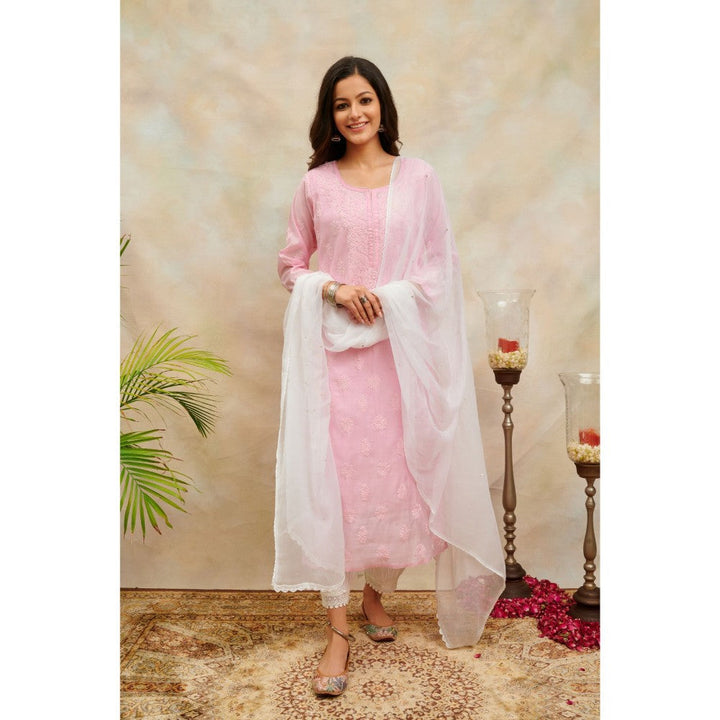 TAHILIYA Pink Chikankari Chanderi Silk Kurta with Slip (Set of 2)