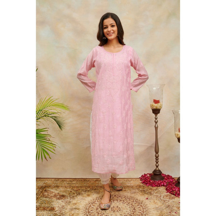 TAHILIYA Pink Chikankari Chanderi Silk Kurta with Slip (Set of 2)