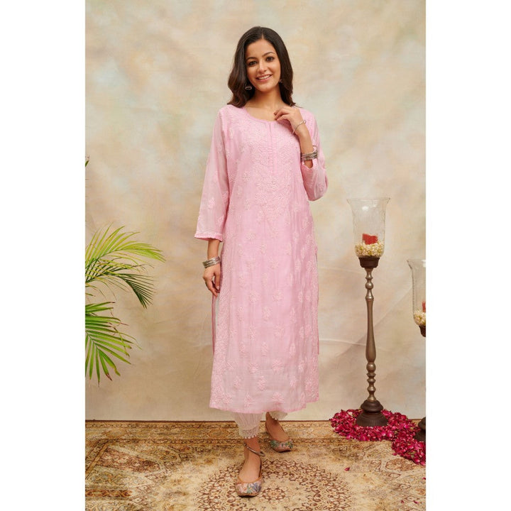 TAHILIYA Pink Chikankari Chanderi Silk Kurta with Slip (Set of 2)