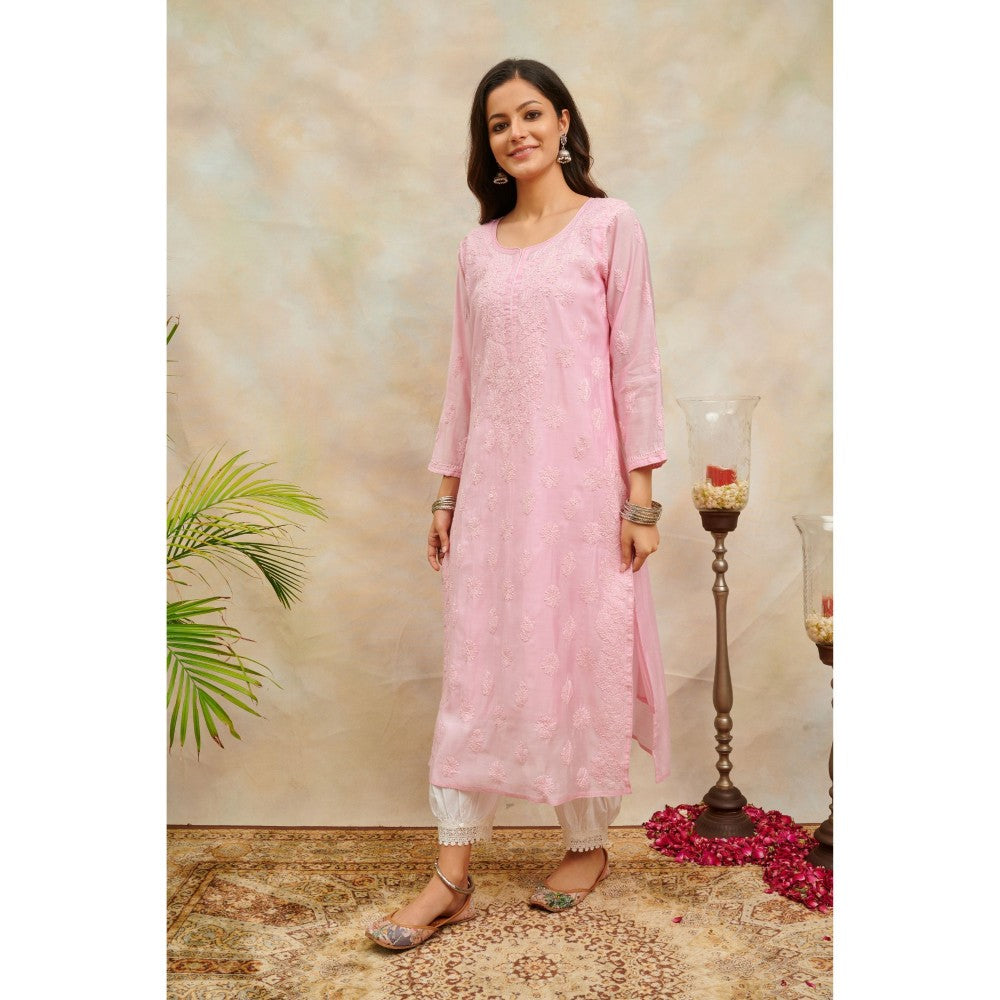 TAHILIYA Pink Chikankari Chanderi Silk Kurta with Slip (Set of 2)