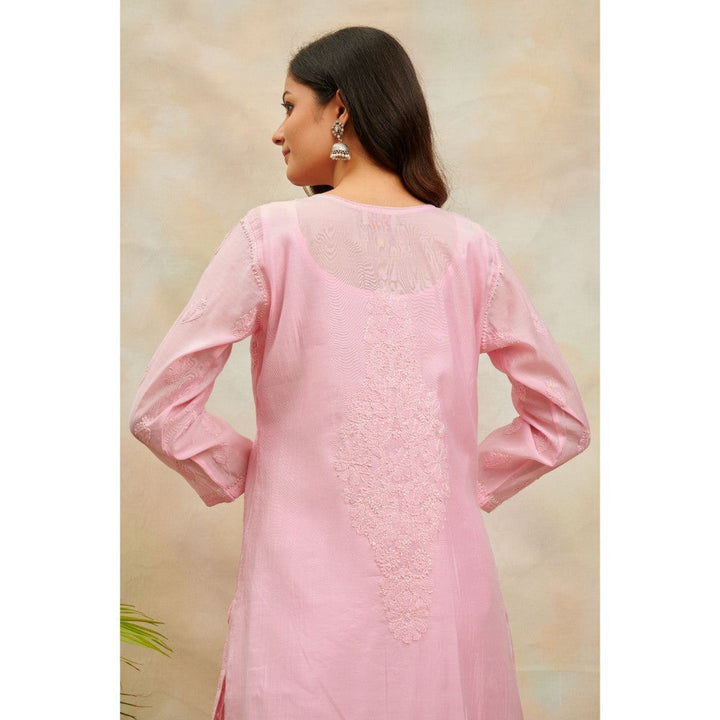 TAHILIYA Pink Chikankari Chanderi Silk Kurta with Slip (Set of 2)