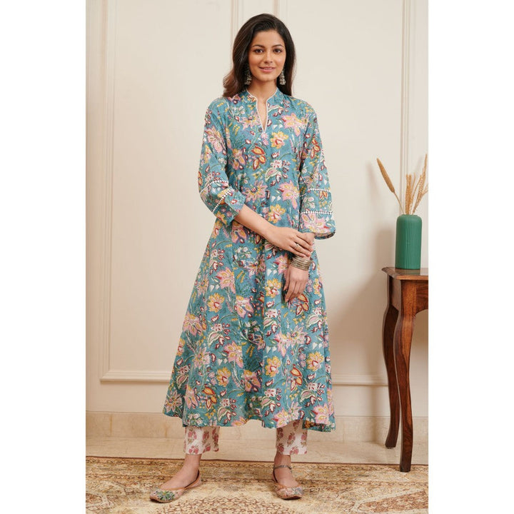 TAHILIYA Teal Blue & Pink Hand Block Printed A Line Kurta