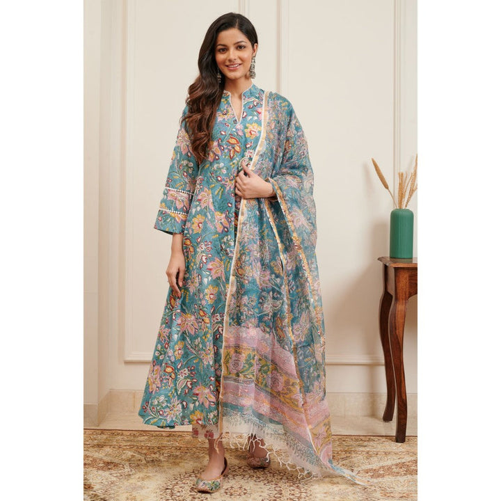 TAHILIYA Teal Blue & Pink Hand Block Printed A Line Kurta