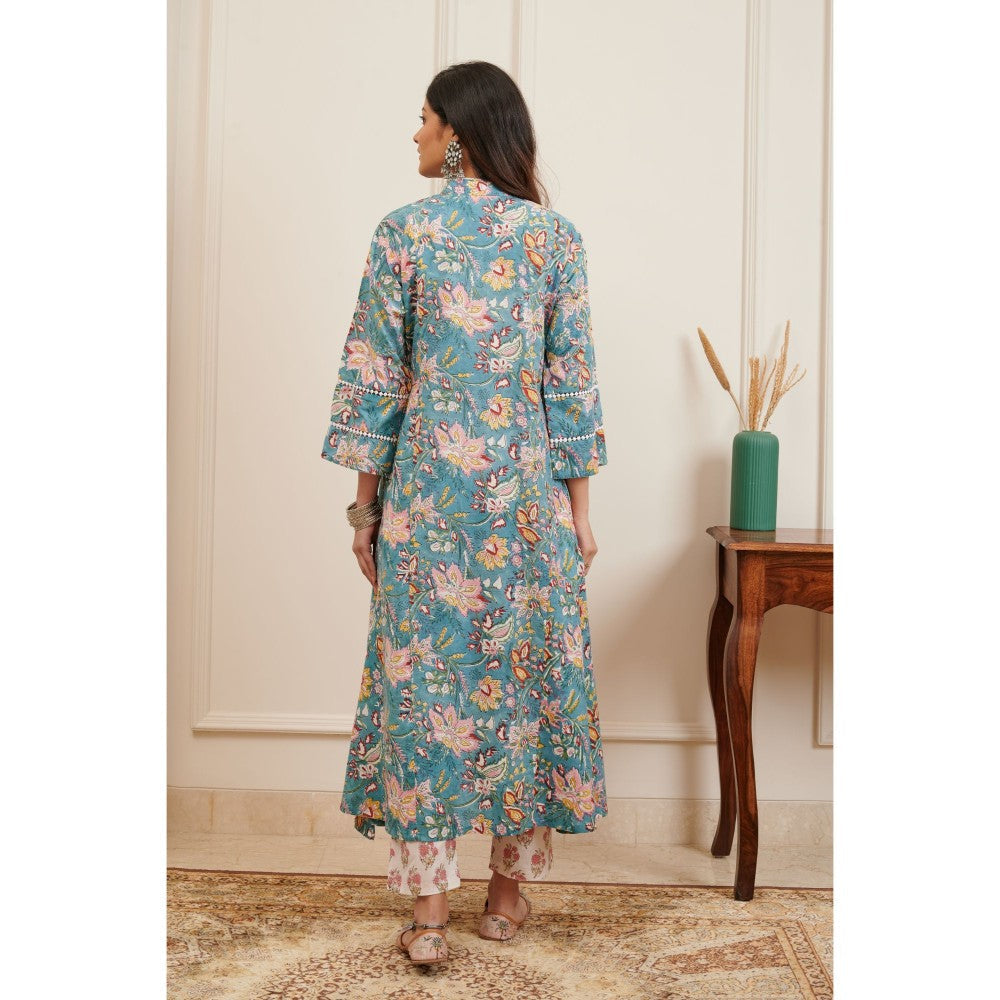 TAHILIYA Teal Blue & Pink Hand Block Printed A Line Kurta