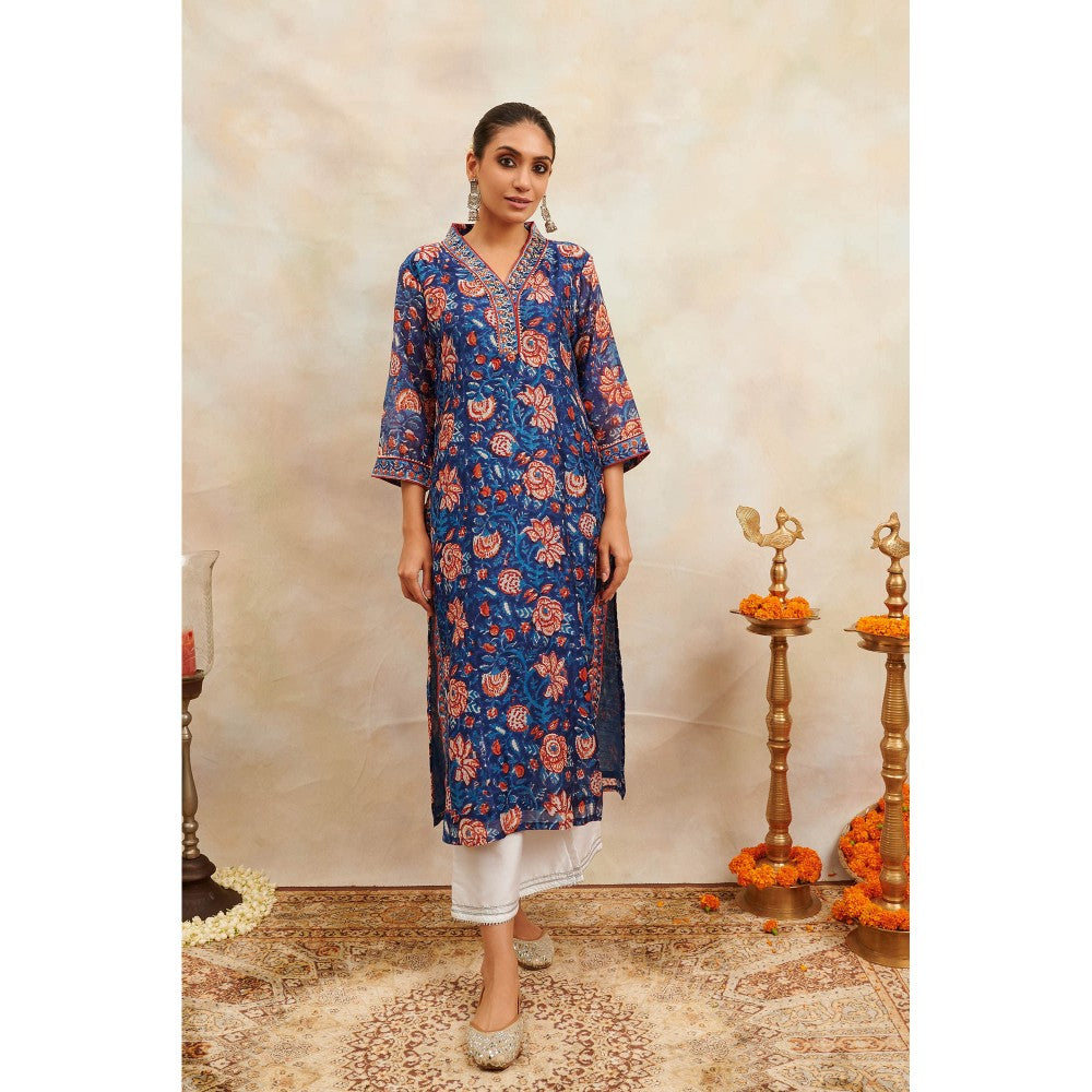 TAHILIYA Indigo Blue Hand Block Printed Chanderi Silk Kurta