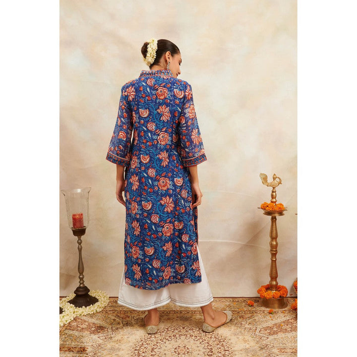 TAHILIYA Indigo Blue Hand Block Printed Chanderi Silk Kurta