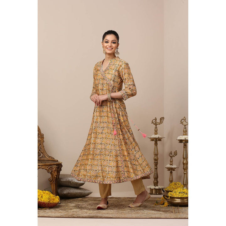 TAHILIYA Yellow Hand Block Printed Angrakha Chanderi Silk Kurta