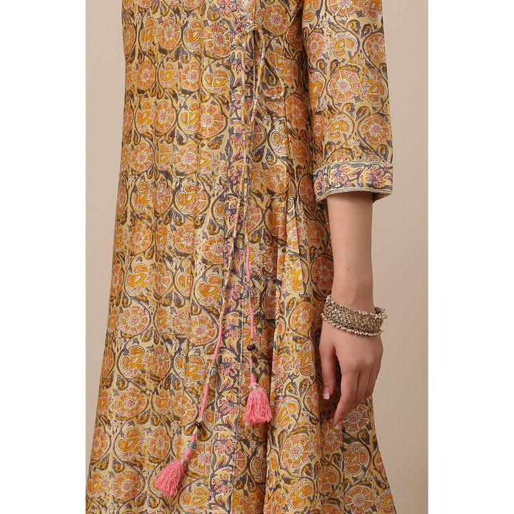 TAHILIYA Yellow Hand Block Printed Angrakha Chanderi Silk Kurta