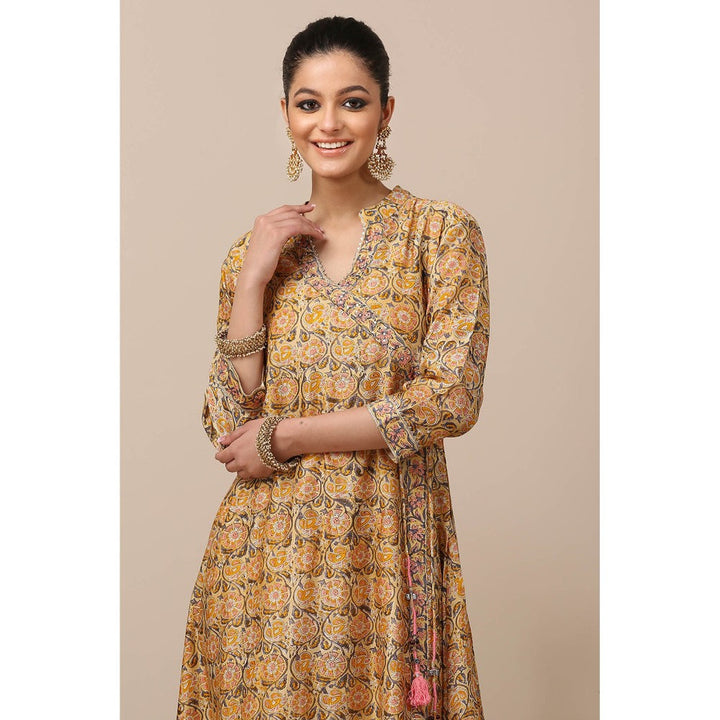 TAHILIYA Yellow Hand Block Printed Angrakha Chanderi Silk Kurta