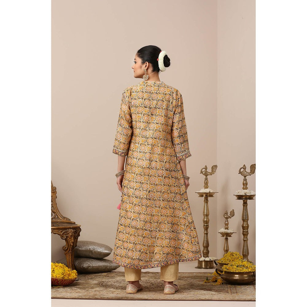 TAHILIYA Yellow Hand Block Printed Angrakha Chanderi Silk Kurta