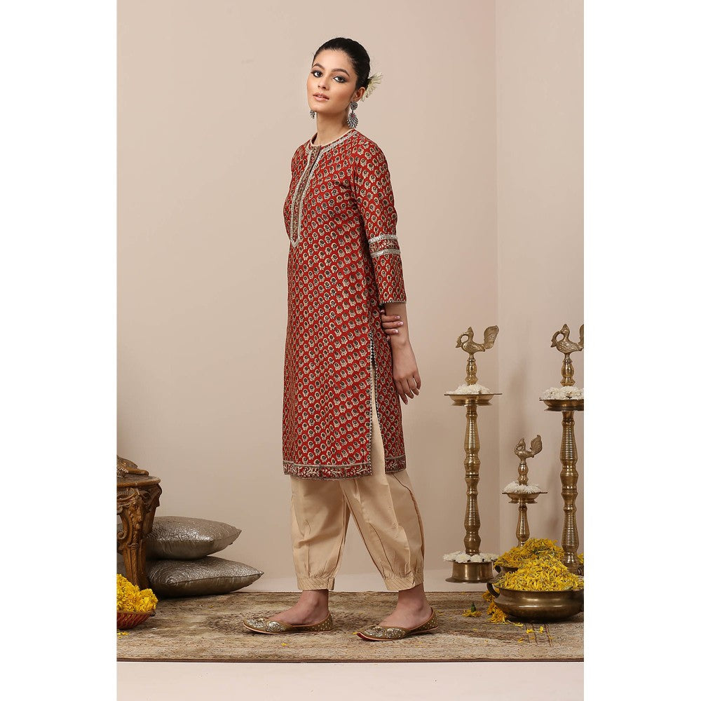 TAHILIYA Maroon Hand Block Printed Chanderi Silk Kurta