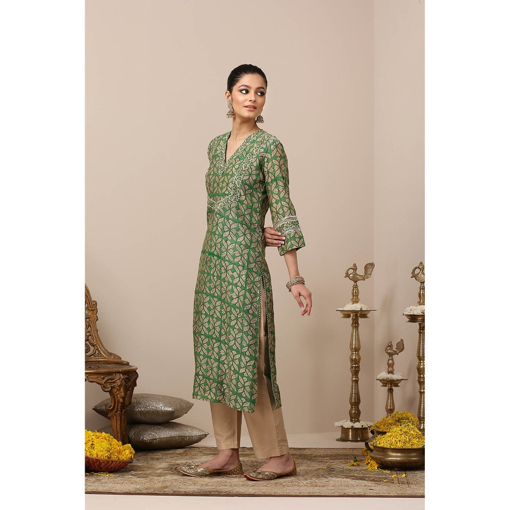 TAHILIYA Green Hand Block Printed Chanderi Silk Kurta