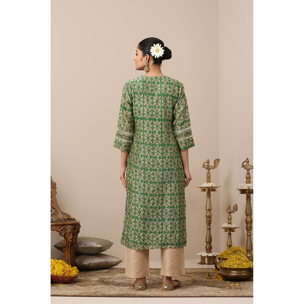 TAHILIYA Green Hand Block Printed Chanderi Silk Kurta