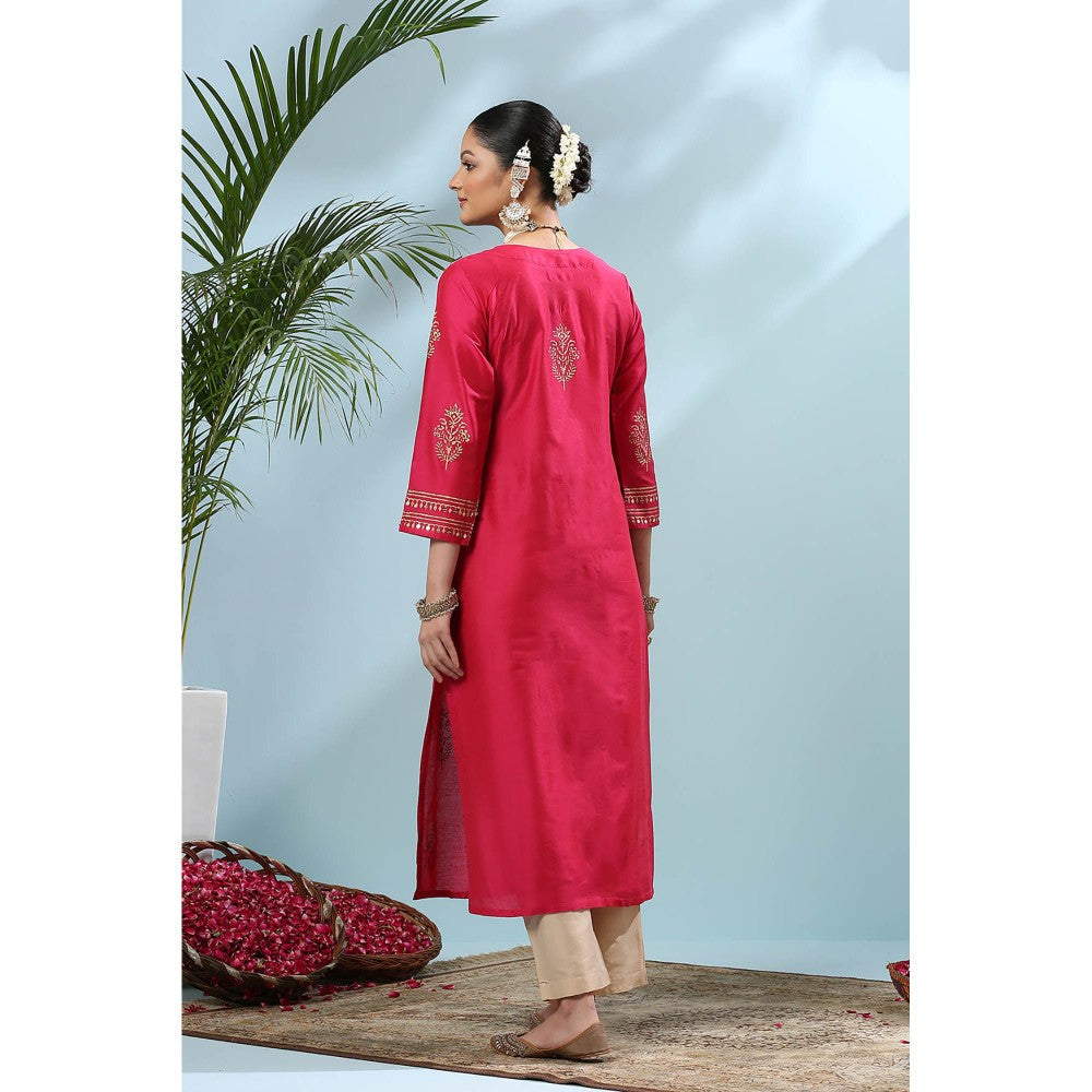 TAHILIYA Fusia Pink Khari Printed Cotton Silk Kurta