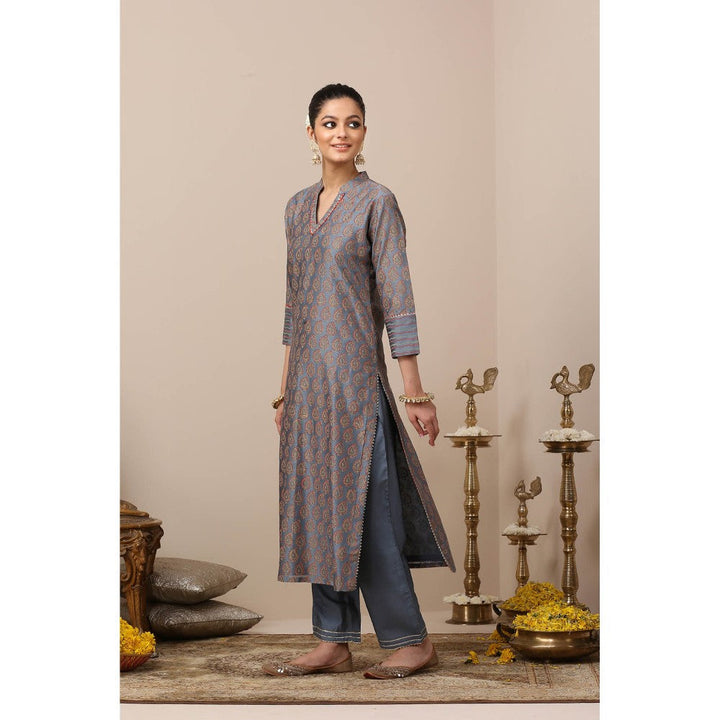 TAHILIYA Blue Chanderi Silk Khari Printed Designer Kurta (Set of 3)