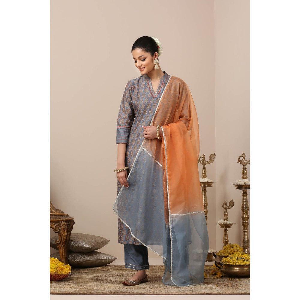 TAHILIYA Blue Chanderi Silk Khari Printed Designer Kurta (Set of 3)