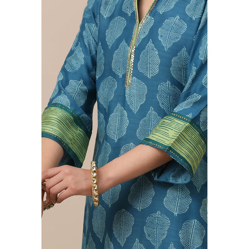 TAHILIYA Blue Printed Chanderi Silk Designer Kurta (Set of 3)